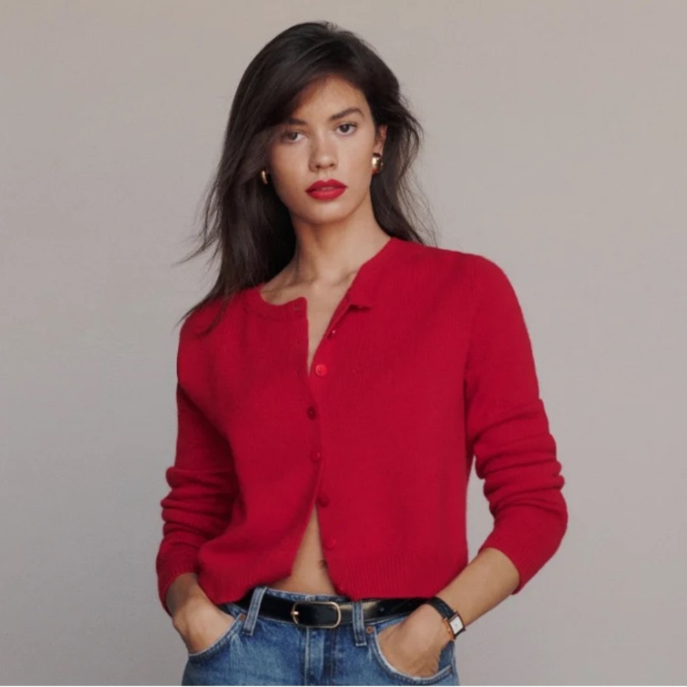 Reformation Clara Cashmere Crew Cardigan Cherry Red